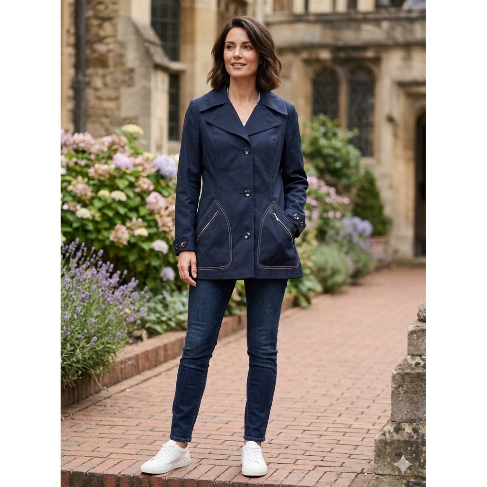 USA‎ Vintage Misty Harbor Womens 6 Reg Rain Coat Navy Blue Contrast Stitching